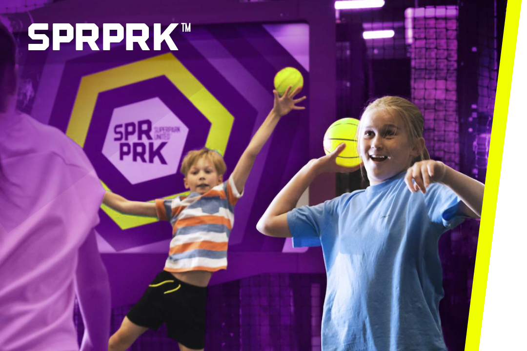 Young kids playing a ball throwing game, SPRPRK™ text
